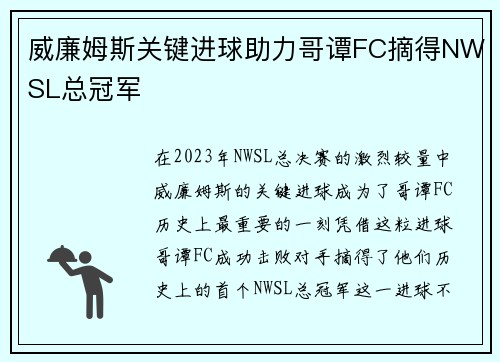 威廉姆斯关键进球助力哥谭FC摘得NWSL总冠军